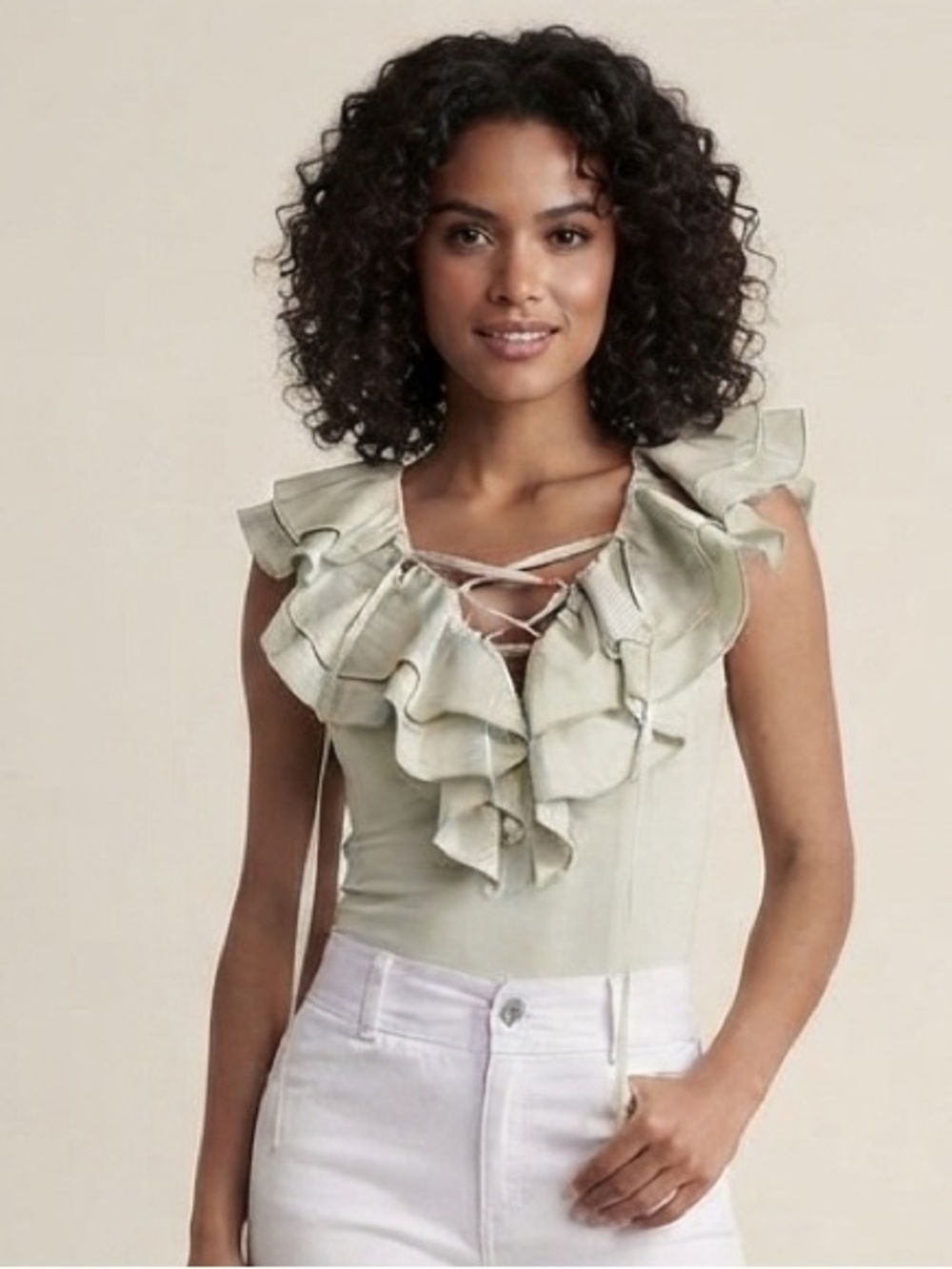 VENUS Ruffle Lace-Up Bodysuit in Light Sage